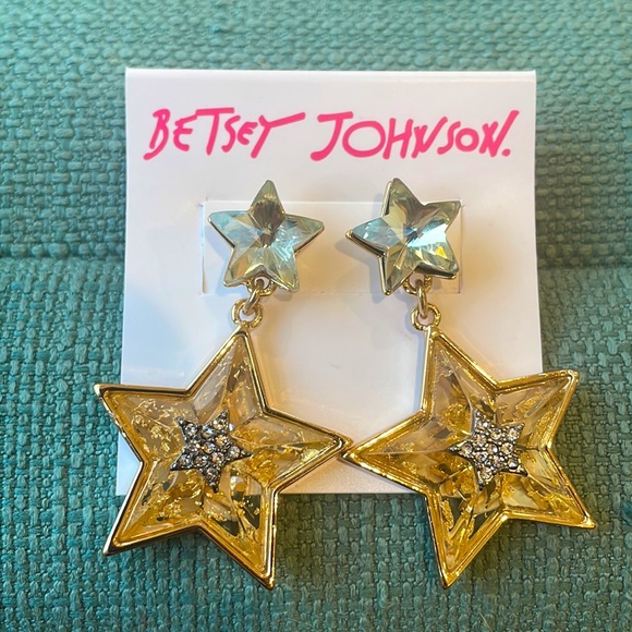 NWT Betsey Johnson Gold Tone Celestial Punk Double Star Drop Earrings - Picture 2 of 4